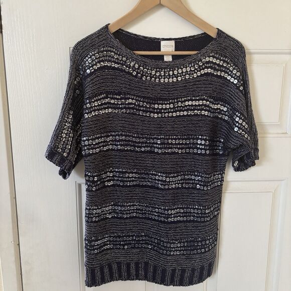 Chicos Womens Sweater Size 1 Blue Striped Sequins Pullover Ethereal Fairy Goth - Picture 2 of 12